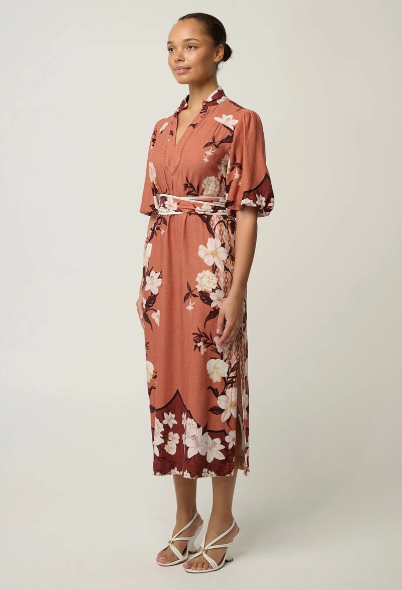Gisela Linen Viscose Printed Coloum Midi Dress | Amber Vine