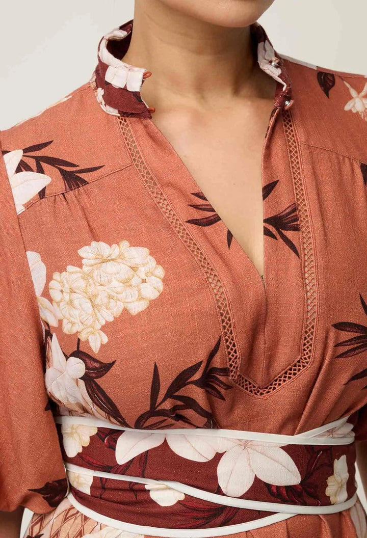 Gisela Linen Viscose Printed Coloum Midi Dress | Amber Vine