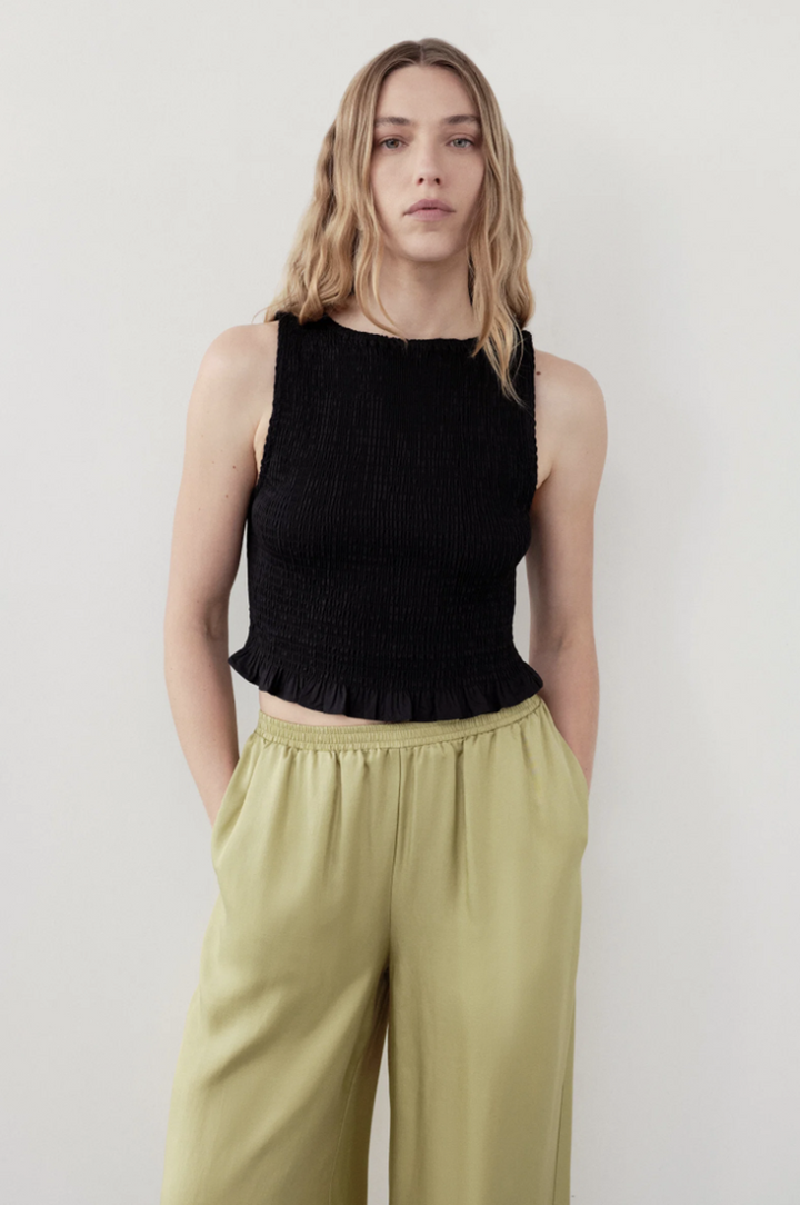 Greta Shirred Poplin Top | Black