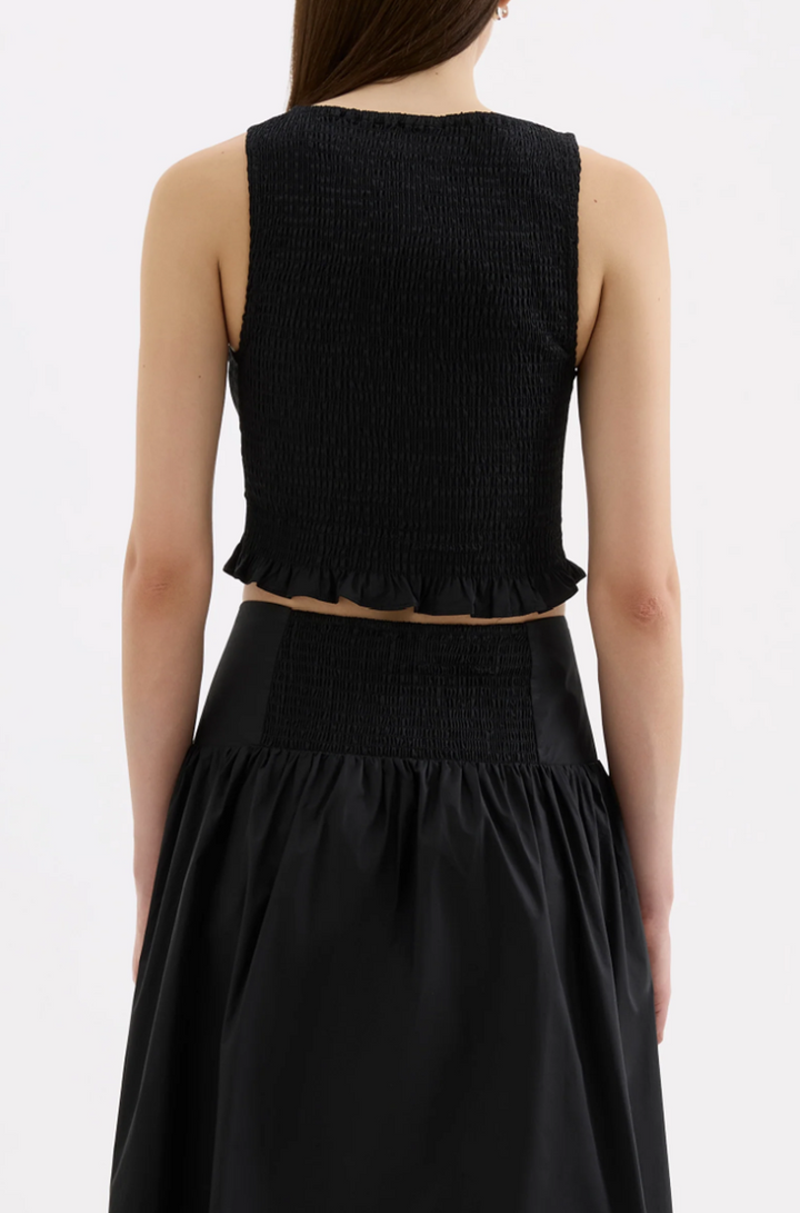 Greta Shirred Poplin Top | Black