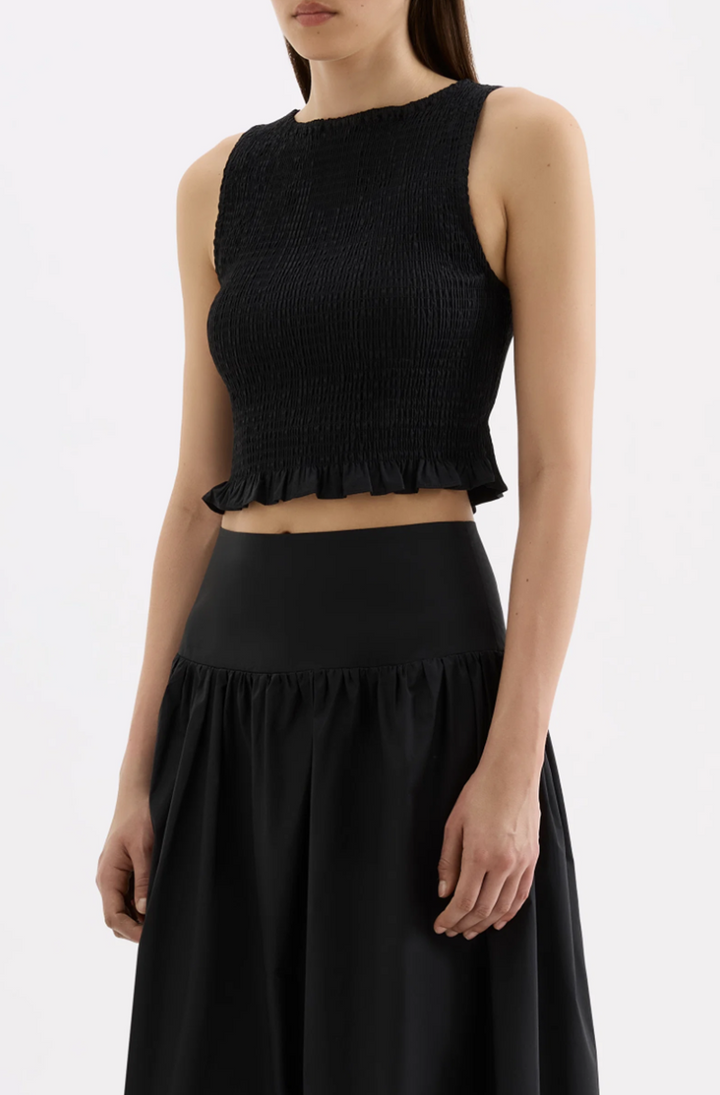 Greta Shirred Poplin Top | Black