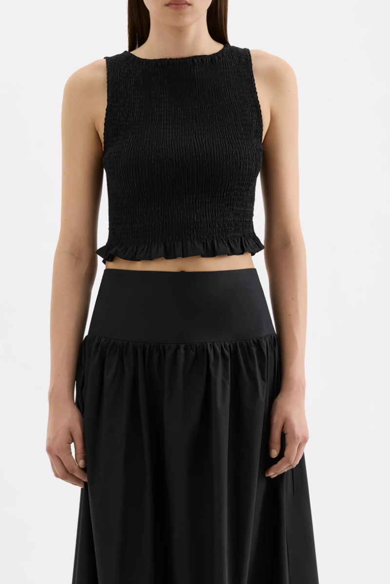 Greta Shirred Poplin Top | Black