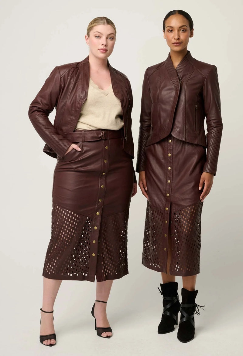 Hypnotic Leather Custom Laser Midi Skirt | Oxblood Lattice