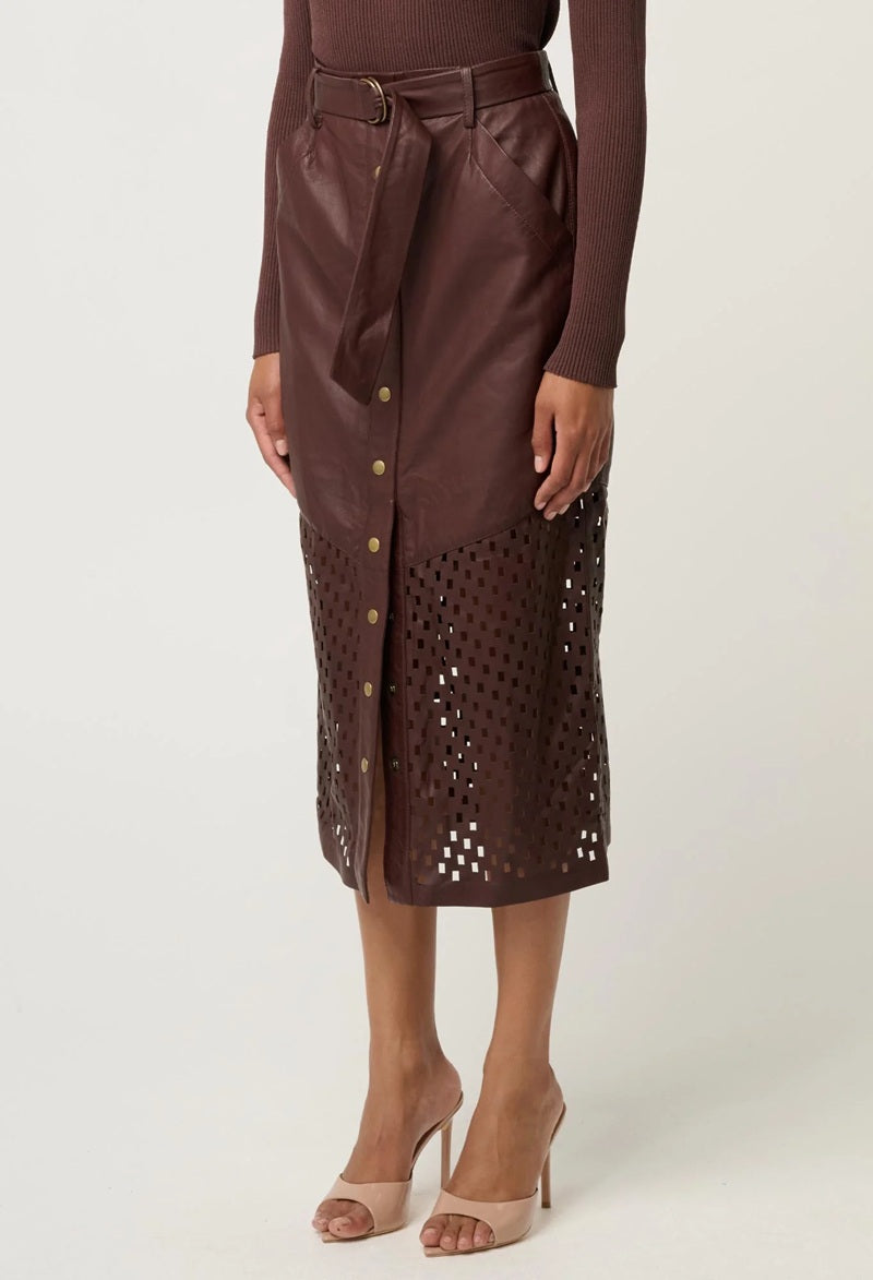 Hypnotic Leather Custom Laser Midi Skirt | Oxblood Lattice
