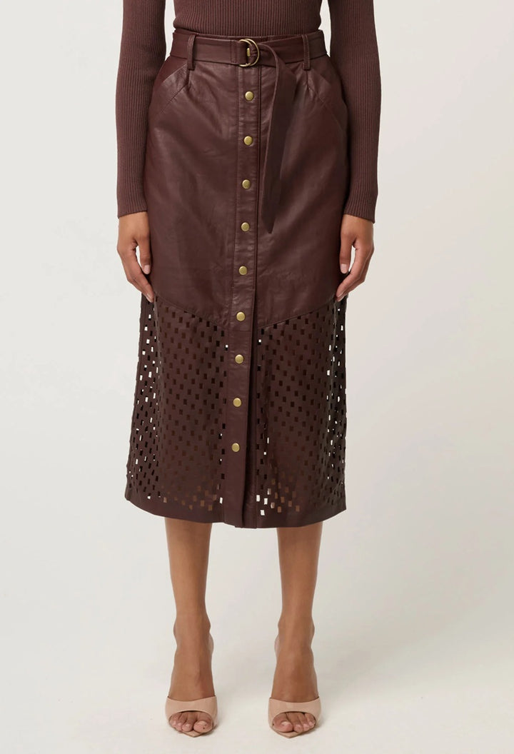 Hypnotic Leather Custom Laser Midi Skirt | Oxblood Lattice