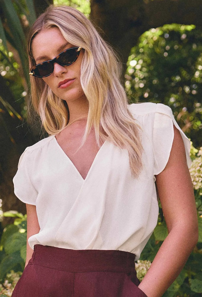 Kasia Cupro Cross Over Petal Sleeve Blouse | White