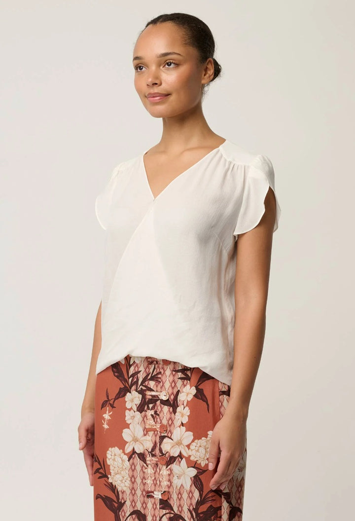 Kasia Cupro Cross Over Petal Sleeve Blouse | White