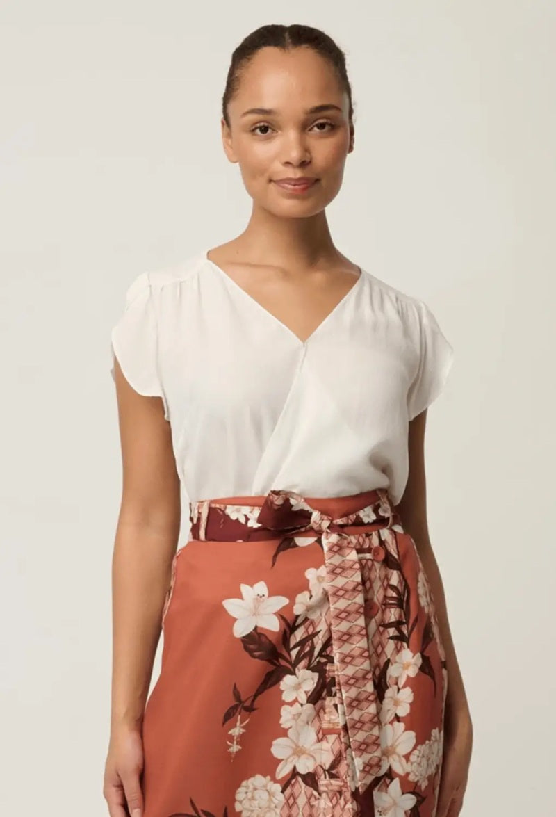 Kasia Cupro Cross Over Petal Sleeve Blouse | White