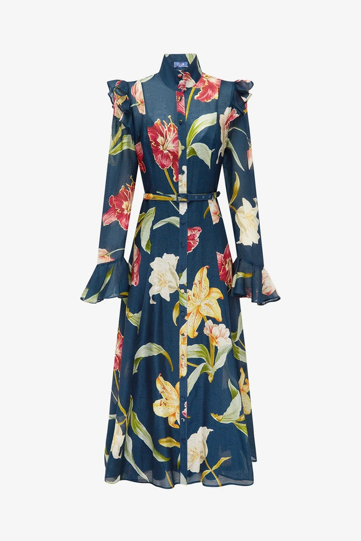 Katrina Butterfly Sleeve Midi Dress | Lily Print In Indigo
