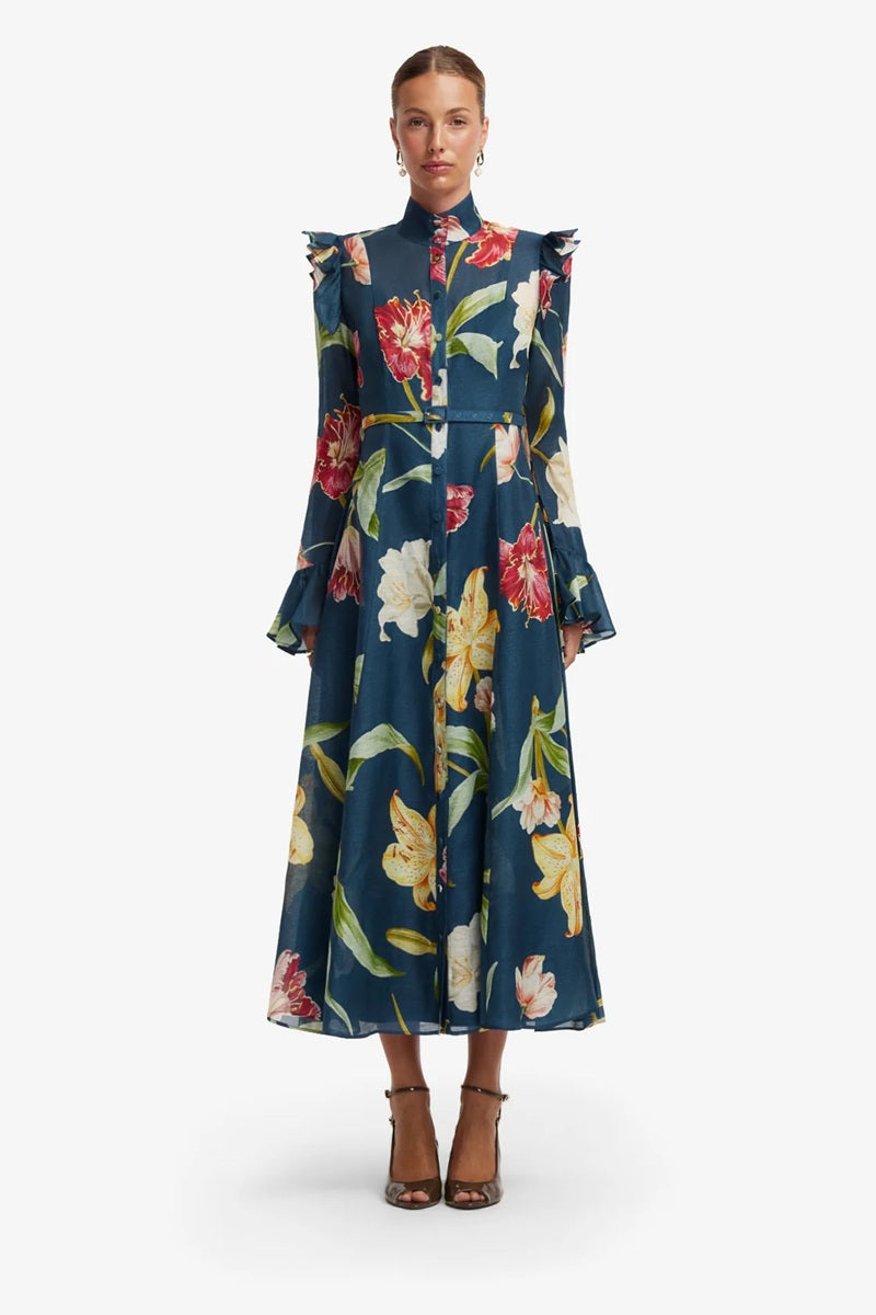 Katrina Butterfly Sleeve Midi Dress | Lily Print In Indigo