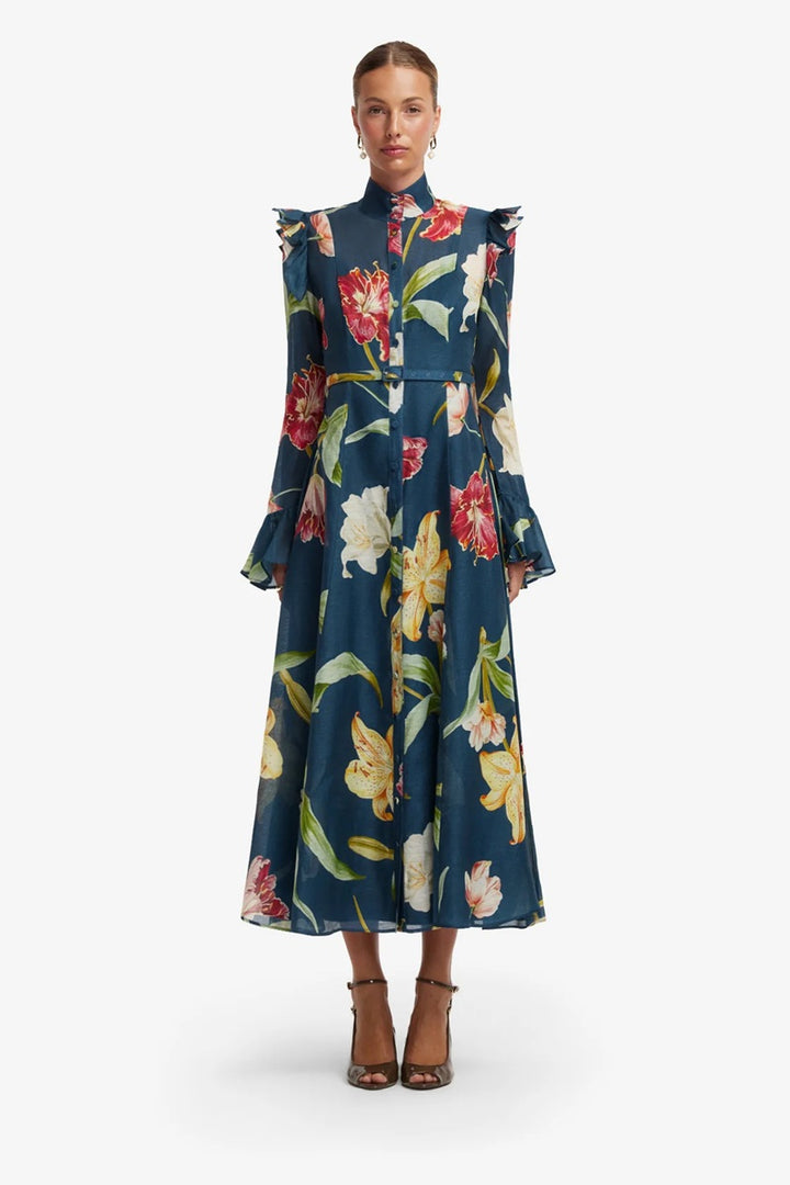Katrina Butterfly Sleeve Midi Dress | Lily Print In Indigo