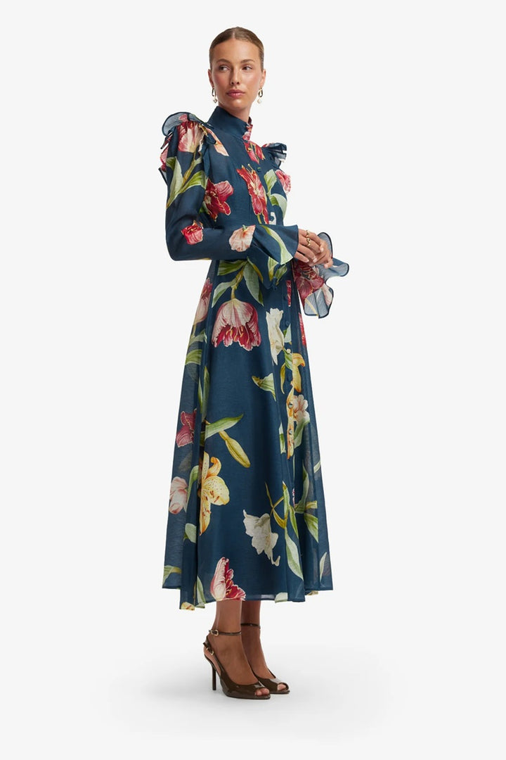 Katrina Butterfly Sleeve Midi Dress | Lily Print In Indigo