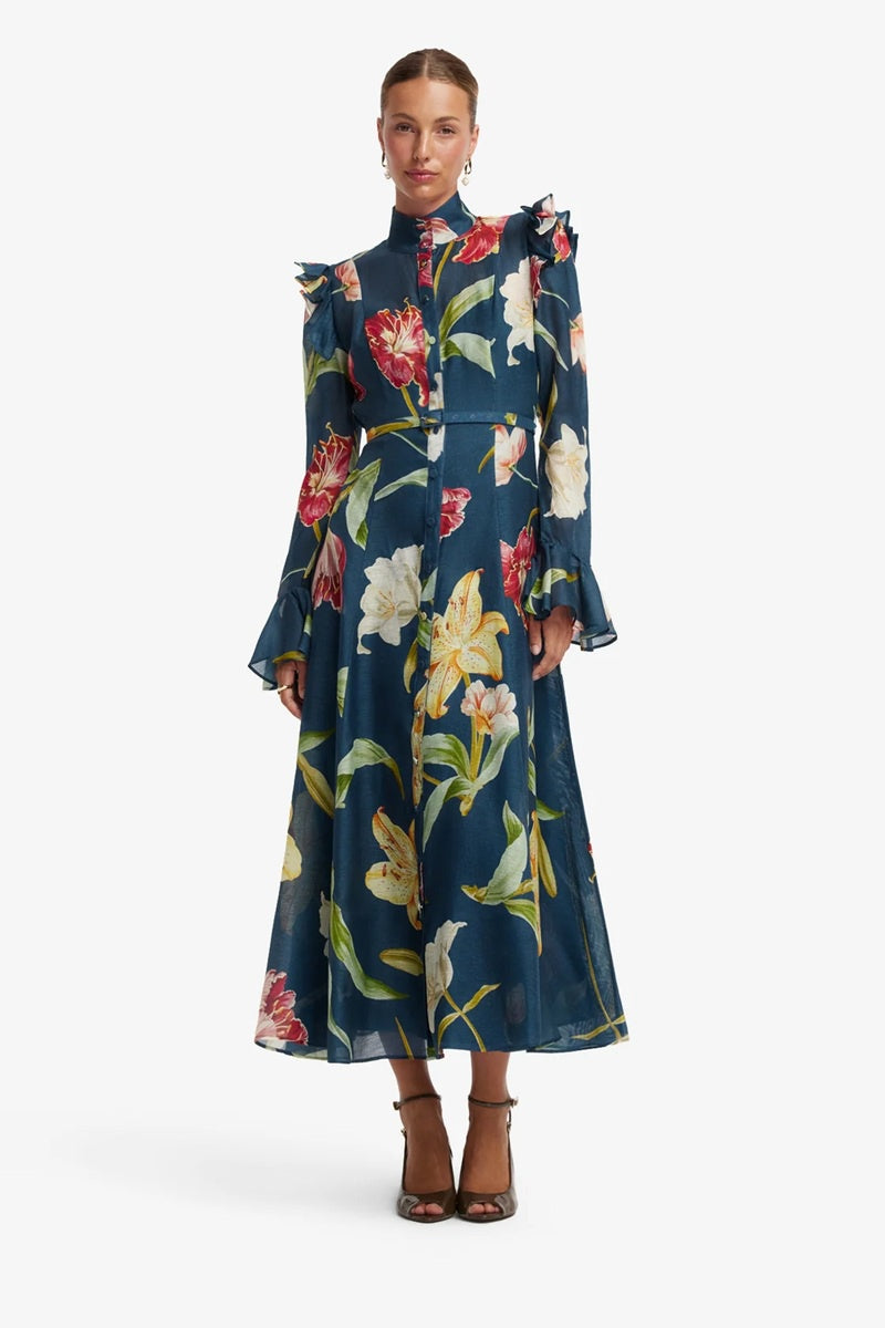 Katrina Butterfly Sleeve Midi Dress | Lily Print In Indigo