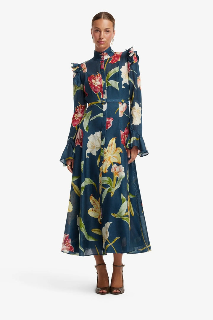 Katrina Butterfly Sleeve Midi Dress | Lily Print In Indigo