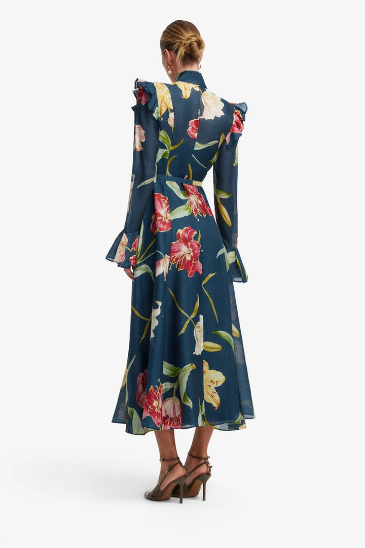 Katrina Butterfly Sleeve Midi Dress | Lily Print In Indigo