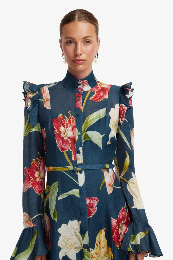 Katrina Butterfly Sleeve Midi Dress | Lily Print In Indigo
