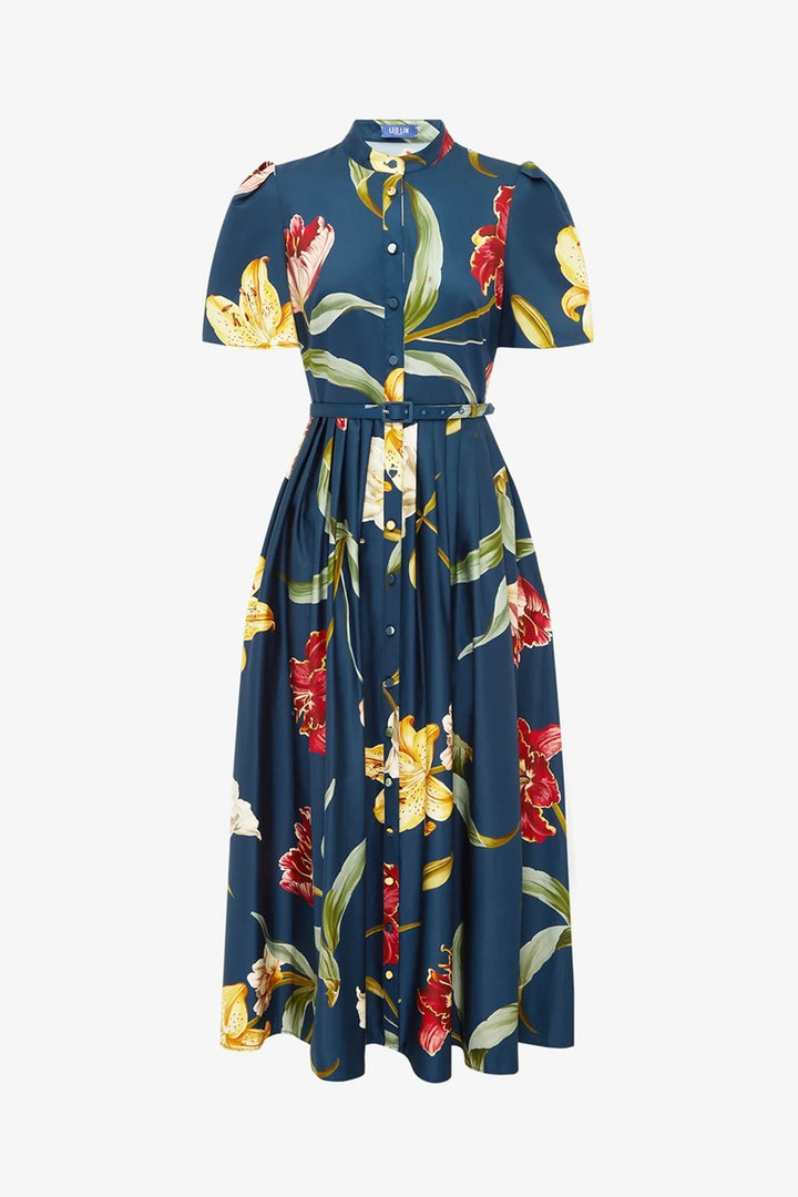 Bianca Short Sleeve Midi Dress | Lilly Print in Indigo