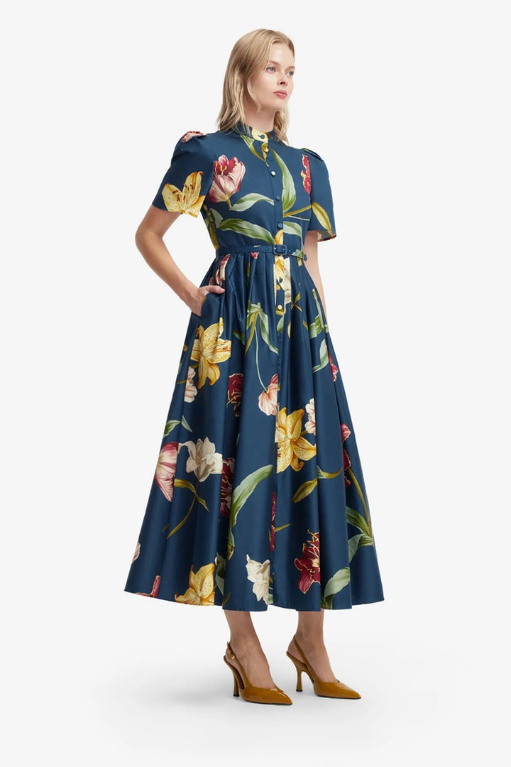 Bianca Short Sleeve Midi Dress | Lilly Print in Indigo