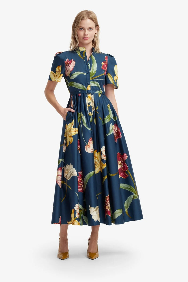 Bianca Short Sleeve Midi Dress | Lilly Print in Indigo