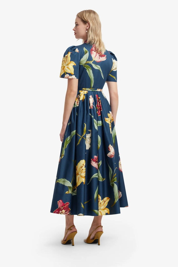 Bianca Short Sleeve Midi Dress | Lilly Print in Indigo