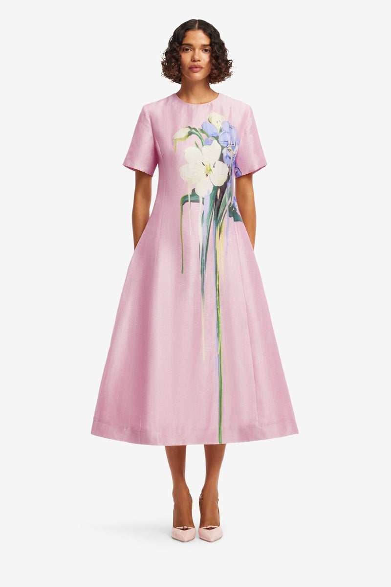 Caroline Short Sleeve Midi Dress | Bouquet Print In Pastel Pink