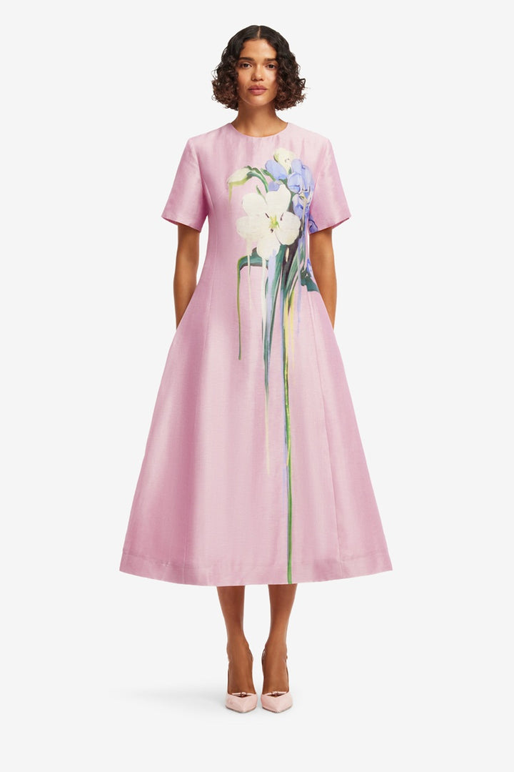 Caroline Short Sleeve Midi Dress | Bouquet Print In Pastel Pink