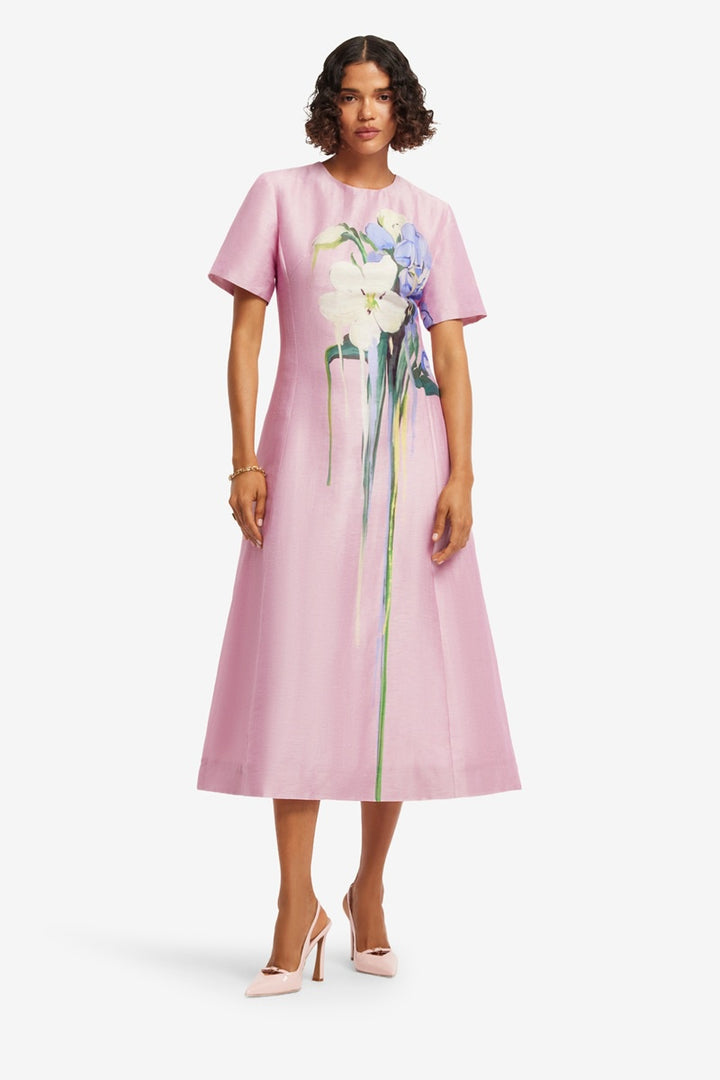 Caroline Short Sleeve Midi Dress | Bouquet Print In Pastel Pink