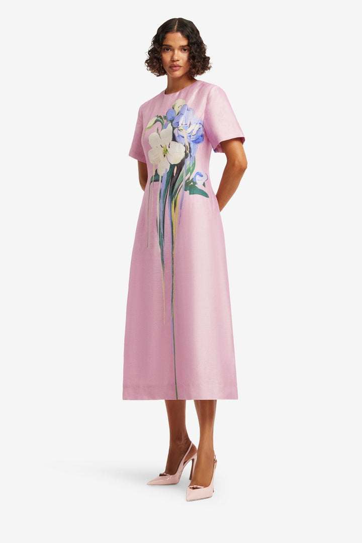 Caroline Short Sleeve Midi Dress | Bouquet Print In Pastel Pink