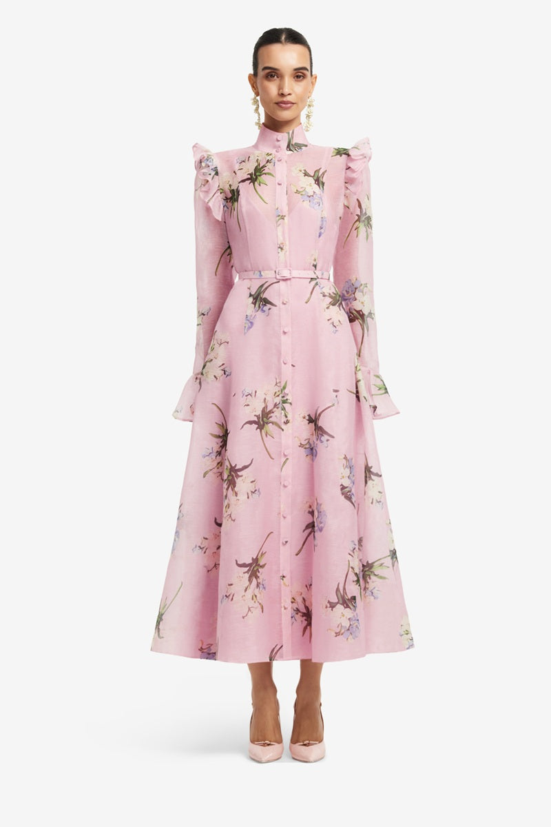 Katrina Butterfly Sleeve Midi Dress | Bouquet Print In Pastel Pink