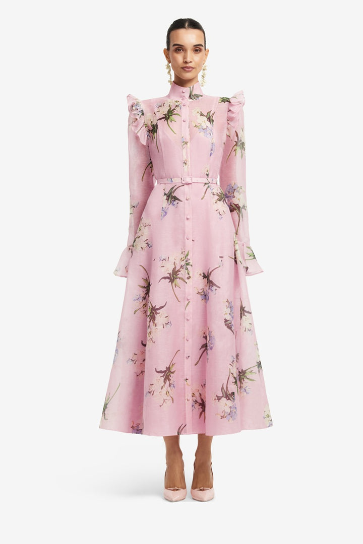 Katrina Butterfly Sleeve Midi Dress | Bouquet Print In Pastel Pink