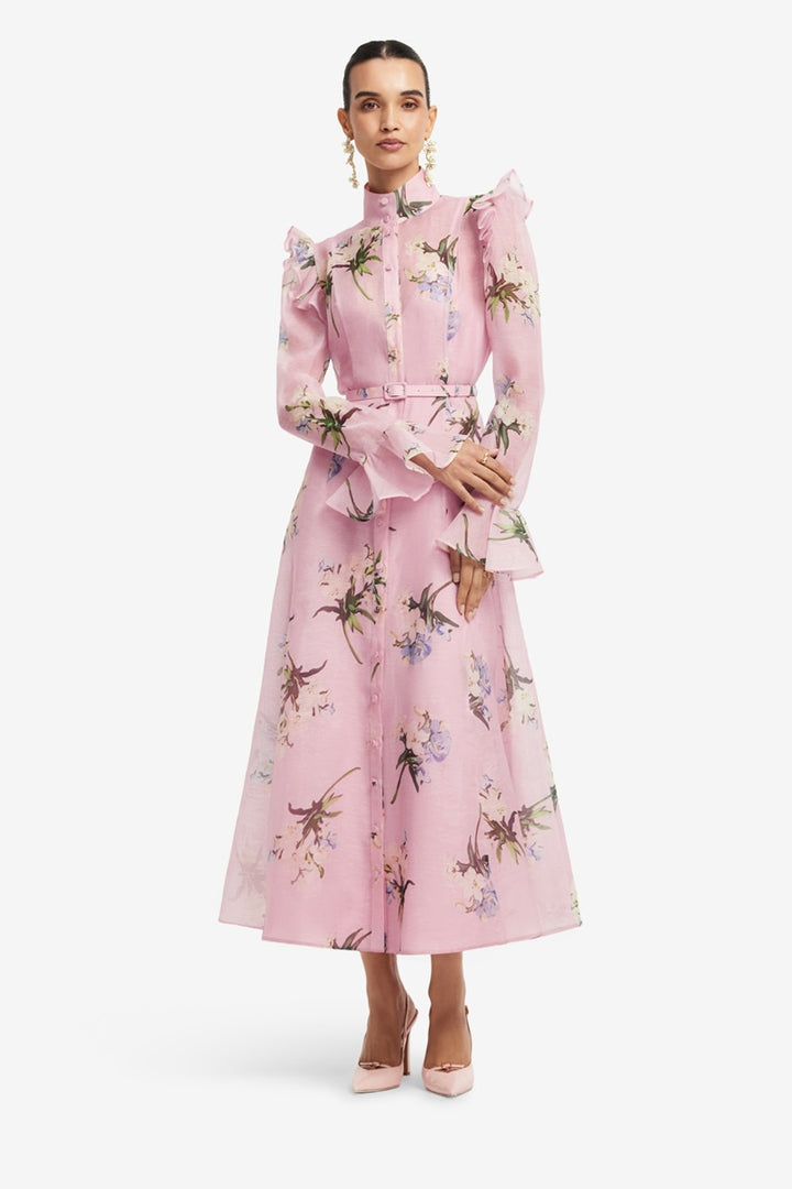Katrina Butterfly Sleeve Midi Dress | Bouquet Print In Pastel Pink