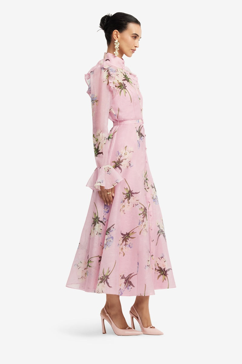 Katrina Butterfly Sleeve Midi Dress | Bouquet Print In Pastel Pink
