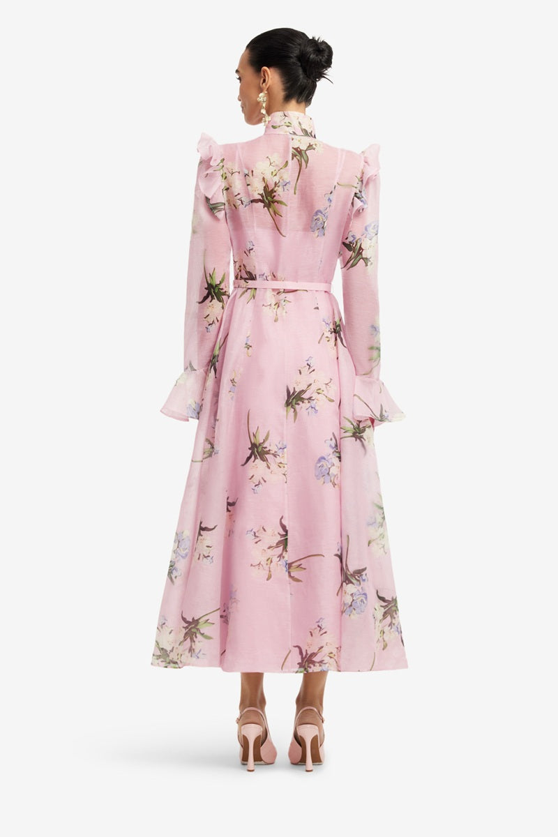 Katrina Butterfly Sleeve Midi Dress | Bouquet Print In Pastel Pink