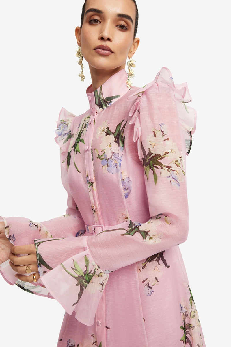 Katrina Butterfly Sleeve Midi Dress | Bouquet Print In Pastel Pink