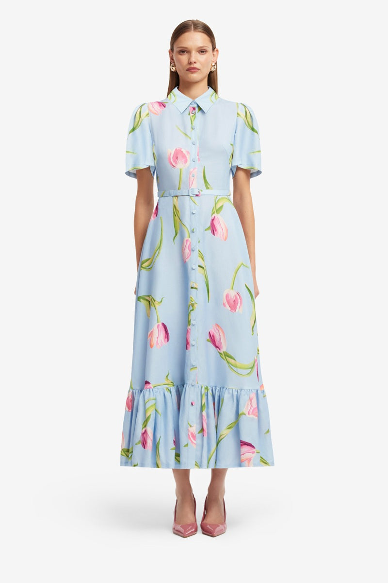 Becca Short Sleeve Midi Dress | Tulip Print In Blue