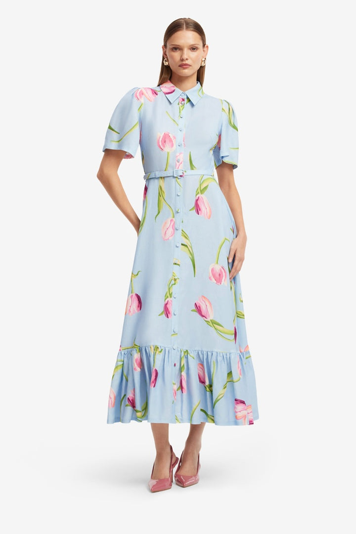 Becca Short Sleeve Midi Dress | Tulip Print In Blue