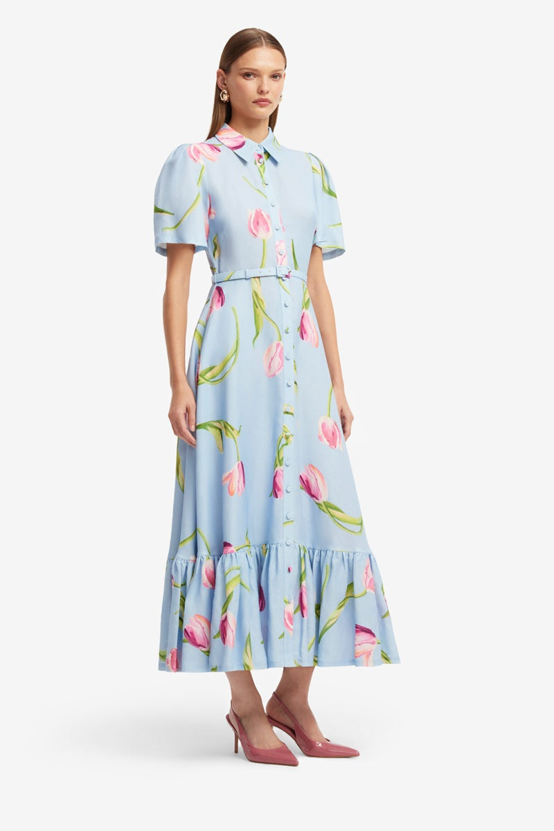 Becca Short Sleeve Midi Dress | Tulip Print In Blue