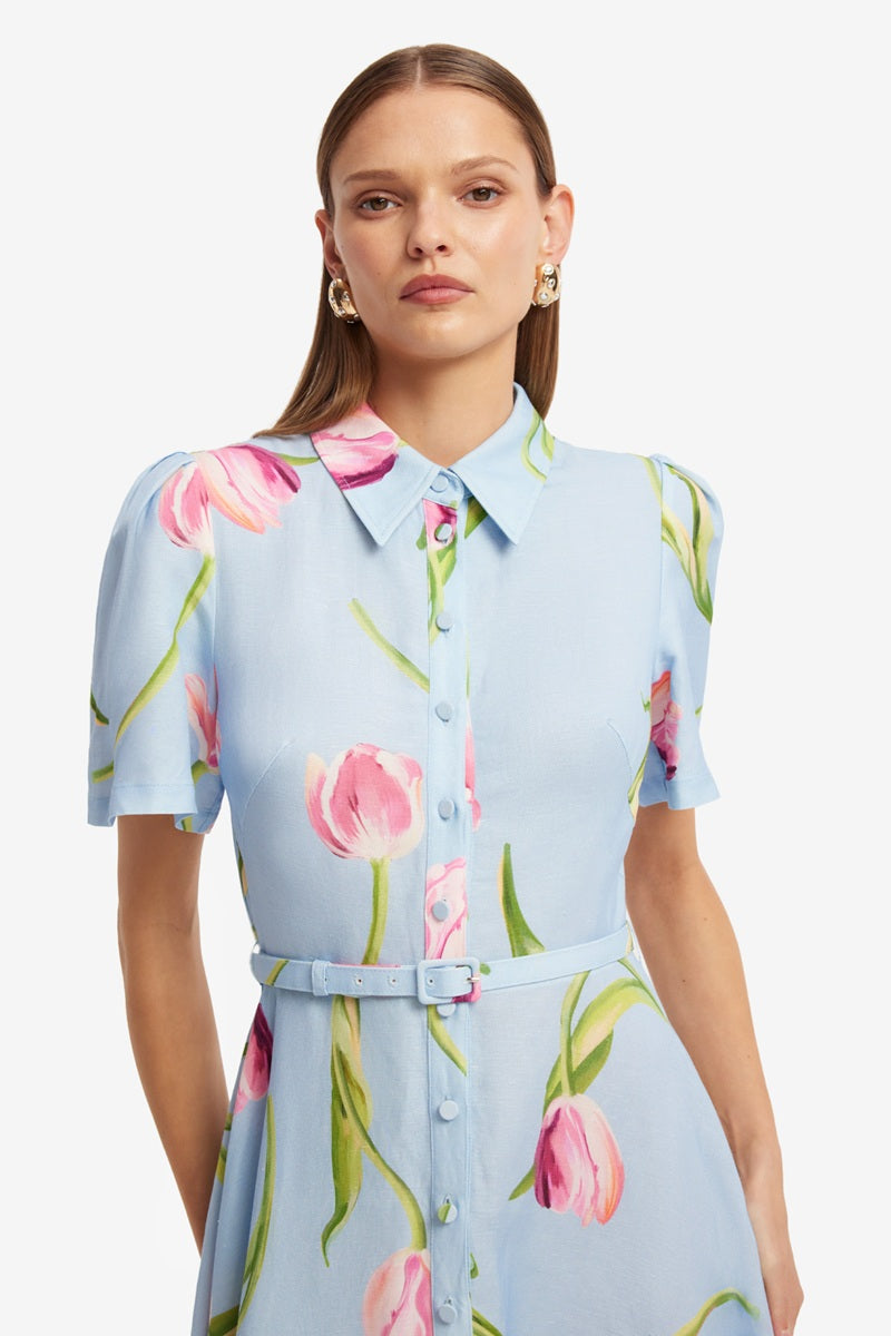 Becca Short Sleeve Midi Dress | Tulip Print In Blue