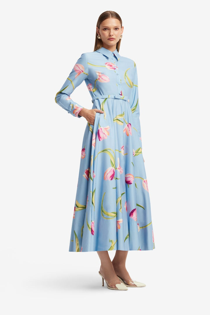 Zara Shirt Midi Dress | Tulip Print In Blue