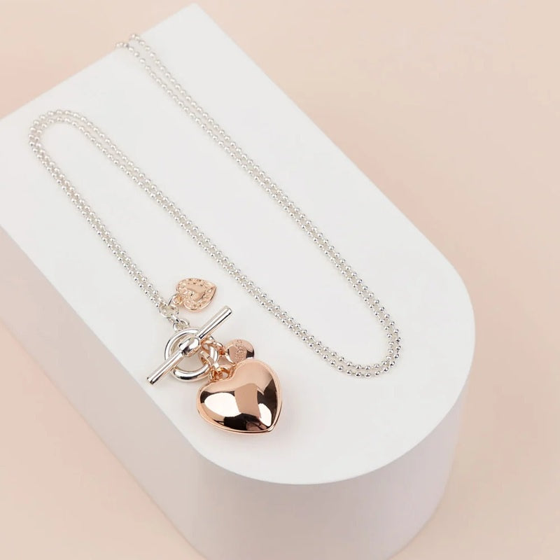 Silver & Rose Gold Heart Necklace | Long