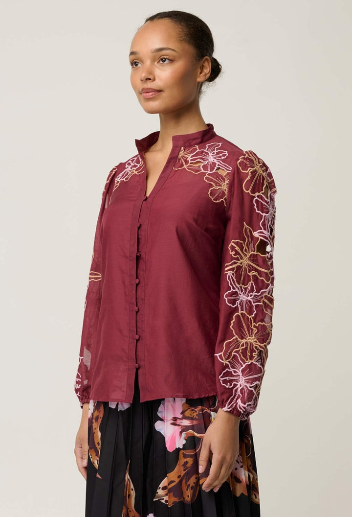 Maren Embroidered Cotton Silk Blouse | Garnet Orchid