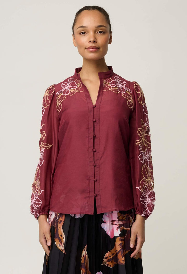 Maren Embroidered Cotton Silk Blouse | Garnet Orchid