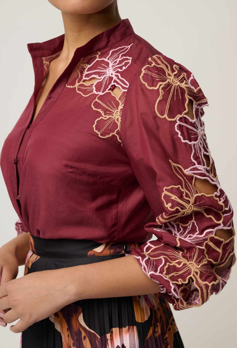 Maren Embroidered Cotton Silk Blouse | Garnet Orchid