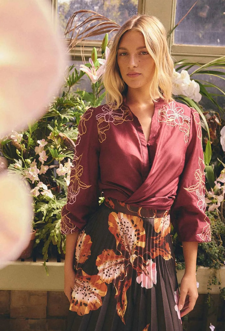 Maren Embroidered Cotton Silk Blouse | Garnet Orchid
