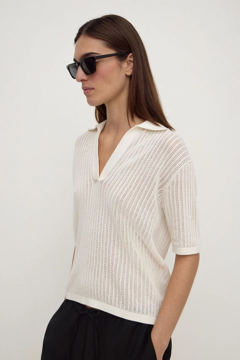 Nina Cotton Knit Polo | Antique White