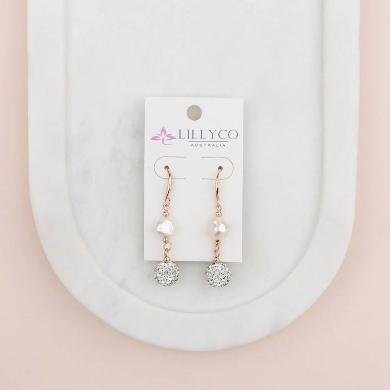 Rose Gold Bling Ball With Pearl Earrings