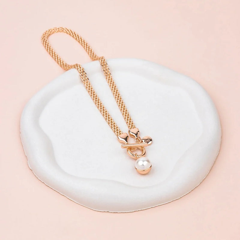 Rose Gold Chain With Double Sided Pearl Metal Pendant Necklace