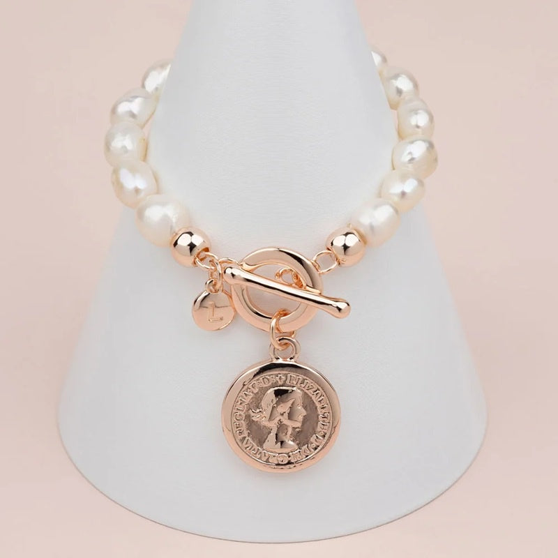 Rose Gold Coin Fresh Water Pearl Bracelet