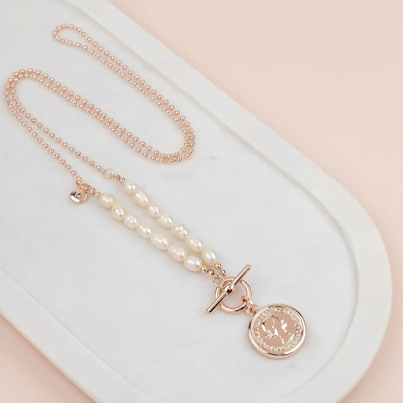 Rose Gold Coin + Fresh Water Pearl Necklace