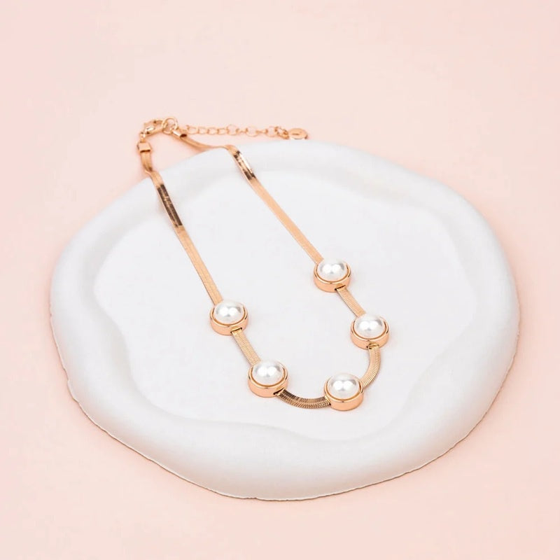 Rose Gold Wide Snake Chain With Pearls Necklace | Short